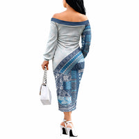 Samoa Mamanu Siapo Royal Blue Off The Shoulder Long Sleeve Dress Tatau Malie