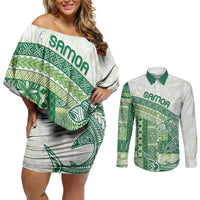 Samoa Mamanu Siapo Forest Green Couples Matching Off Shoulder Short Dress and Long Sleeve Button Shirt Tatau Malie
