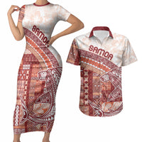 Samoa Mamanu Siapo Crimson Couples Matching Short Sleeve Bodycon Dress and Hawaiian Shirt Tatau Malie