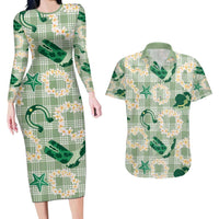 Aloha Hawaii Paniolo Mint Palaka Couples Matching Long Sleeve Bodycon Dress and Hawaiian Shirt Coastal Rodeo - Polynesian Pride