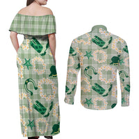 Aloha Hawaii Paniolo Mint Palaka Couples Matching Off Shoulder Maxi Dress and Long Sleeve Button Shirt Coastal Rodeo - Polynesian Pride
