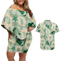 Aloha Hawaii Paniolo Mint Palaka Couples Matching Off Shoulder Short Dress and Hawaiian Shirt Coastal Rodeo - Polynesian Pride