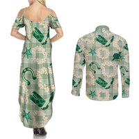 Aloha Hawaii Paniolo Mint Palaka Couples Matching Summer Maxi Dress and Long Sleeve Button Shirt Coastal Rodeo - Polynesian Pride