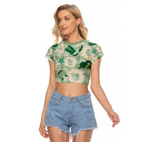 Aloha Hawaii Paniolo Mint Palaka Raglan Cropped T Shirt Coastal Rodeo - Polynesian Pride
