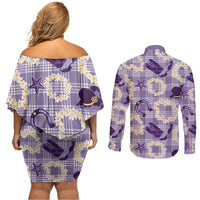 Aloha Hawaii Paniolo Lavender Palaka Couples Matching Off Shoulder Short Dress and Long Sleeve Button Shirt Coastal Rodeo - Polynesian Pride