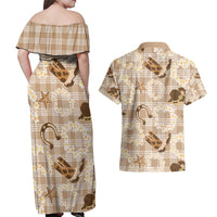 Aloha Hawaii Paniolo Khaki Palaka Couples Matching Off Shoulder Maxi Dress and Hawaiian Shirt Coastal Rodeo - Polynesian Pride