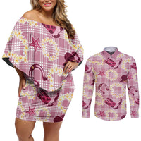 Aloha Hawaii Paniolo Lokelani Rose Palaka Couples Matching Off Shoulder Short Dress and Long Sleeve Button Shirt Coastal Rodeo - Polynesian Pride
