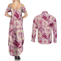 Aloha Hawaii Paniolo Lokelani Rose Palaka Couples Matching Summer Maxi Dress and Long Sleeve Button Shirt Coastal Rodeo - Polynesian Pride