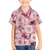 Aloha Hawaii Paniolo Lokelani Rose Palaka Family Matching Off Shoulder Short Dress and Hawaiian Shirt Coastal Rodeo - Polynesian Pride