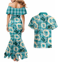 Aloha Hawaii Paniolo Teal Palaka Couples Matching Mermaid Dress and Hawaiian Shirt Coastal Rodeo LT7 - Polynesian Pride