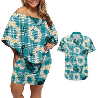 Aloha Hawaii Paniolo Teal Palaka Couples Matching Off Shoulder Short Dress and Hawaiian Shirt Coastal Rodeo LT7 Teal - Polynesian Pride