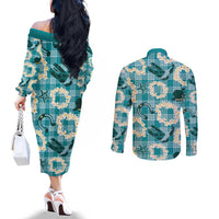 Aloha Hawaii Paniolo Teal Palaka Couples Matching Off The Shoulder Long Sleeve Dress and Long Sleeve Button Shirt Coastal Rodeo LT7 - Polynesian Pride