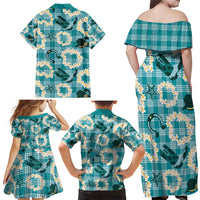 Aloha Hawaii Paniolo Teal Palaka Family Matching Off Shoulder Maxi Dress and Hawaiian Shirt Coastal Rodeo - Polynesian Pride