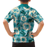 Aloha Hawaii Paniolo Teal Palaka Family Matching Off Shoulder Short Dress and Hawaiian Shirt Coastal Rodeo - Polynesian Pride