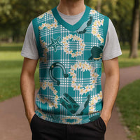Aloha Hawaii Paniolo Teal Palaka Christmas Knitted V-Neck Vest Coastal Rodeo - Polynesian Pride