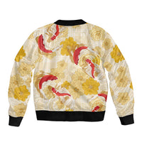 Beige Palaka Hawaii Aloha Bomber Jacket Koi Pond Mix Ilima Flowers - Polynesian Pride