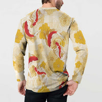 Beige Palaka Hawaii Aloha Button Sweatshirt Koi Pond Mix Ilima Flowers - Polynesian Pride