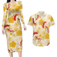 Beige Palaka Hawaii Aloha Couples Matching Long Sleeve Bodycon Dress and Hawaiian Shirt Koi Pond Mix Ilima Flowers - Polynesian Pride