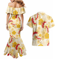 Beige Palaka Hawaii Aloha Couples Matching Mermaid Dress and Hawaiian Shirt Koi Pond Mix Ilima Flowers - Polynesian Pride