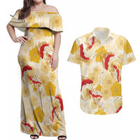 Beige Palaka Hawaii Aloha Couples Matching Off Shoulder Maxi Dress and Hawaiian Shirt Koi Pond Mix Ilima Flowers LT7 Cream Yellow - Polynesian Pride