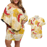Beige Palaka Hawaii Aloha Couples Matching Off Shoulder Short Dress and Hawaiian Shirt Koi Pond Mix Ilima Flowers LT7 Cream Yellow - Polynesian Pride