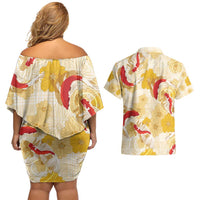 Beige Palaka Hawaii Aloha Couples Matching Off Shoulder Short Dress and Hawaiian Shirt Koi Pond Mix Ilima Flowers - Polynesian Pride