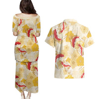 Beige Palaka Hawaii Aloha Couples Matching Puletasi and Hawaiian Shirt Koi Pond Mix Ilima Flowers LT7 - Polynesian Pride