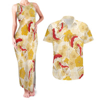 Beige Palaka Hawaii Aloha Couples Matching Tank Maxi Dress and Hawaiian Shirt Koi Pond Mix Ilima Flowers - Polynesian Pride