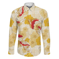 Beige Palaka Hawaii Aloha Family Matching Long Sleeve Bodycon Dress and Hawaiian Shirt Koi Pond Mix Ilima Flowers LT7 Dad's Shirt - Long Sleeve Cream Yellow - Polynesian Pride