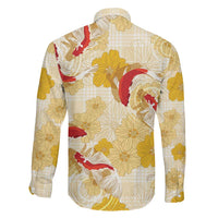 Beige Palaka Hawaii Aloha Family Matching Long Sleeve Bodycon Dress and Hawaiian Shirt Koi Pond Mix Ilima Flowers LT7 - Polynesian Pride