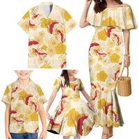 Beige Palaka Hawaii Aloha Family Matching Mermaid Dress and Hawaiian Shirt Koi Pond Mix Ilima Flowers LT7 - Polynesian Pride