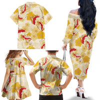 Beige Palaka Hawaii Aloha Family Matching Off The Shoulder Long Sleeve Dress and Hawaiian Shirt Koi Pond Mix Ilima Flowers LT7 - Polynesian Pride