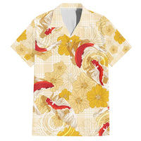 Beige Palaka Hawaii Aloha Family Matching Off The Shoulder Long Sleeve Dress and Hawaiian Shirt Koi Pond Mix Ilima Flowers LT7 Dad's Shirt - Short Sleeve Cream Yellow - Polynesian Pride