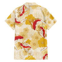 Beige Palaka Hawaii Aloha Family Matching Off The Shoulder Long Sleeve Dress and Hawaiian Shirt Koi Pond Mix Ilima Flowers LT7 - Polynesian Pride