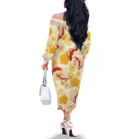 Beige Palaka Hawaii Aloha Family Matching Off The Shoulder Long Sleeve Dress and Hawaiian Shirt Koi Pond Mix Ilima Flowers LT7 - Polynesian Pride