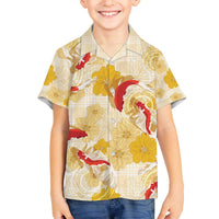 Beige Palaka Hawaii Aloha Family Matching Off The Shoulder Long Sleeve Dress and Hawaiian Shirt Koi Pond Mix Ilima Flowers LT7 - Polynesian Pride