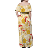 Beige Palaka Hawaii Aloha Family Matching Off Shoulder Maxi Dress and Hawaiian Shirt Koi Pond Mix Ilima Flowers - Polynesian Pride
