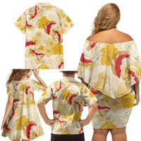 Beige Palaka Hawaii Aloha Family Matching Off Shoulder Short Dress and Hawaiian Shirt Koi Pond Mix Ilima Flowers LT7 - Polynesian Pride