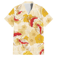 Beige Palaka Hawaii Aloha Family Matching Off Shoulder Short Dress and Hawaiian Shirt Koi Pond Mix Ilima Flowers LT7 Dad's Shirt - Short Sleeve Cream Yellow - Polynesian Pride