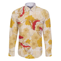 Beige Palaka Hawaii Aloha Family Matching Off Shoulder Short Dress and Hawaiian Shirt Koi Pond Mix Ilima Flowers LT7 Dad's Shirt - Long Sleeve Cream Yellow - Polynesian Pride