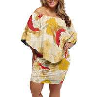 Beige Palaka Hawaii Aloha Family Matching Off Shoulder Short Dress and Hawaiian Shirt Koi Pond Mix Ilima Flowers - Polynesian Pride