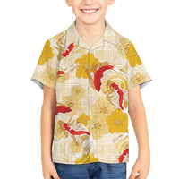 Beige Palaka Hawaii Aloha Family Matching Off Shoulder Short Dress and Hawaiian Shirt Koi Pond Mix Ilima Flowers LT7 - Polynesian Pride