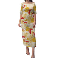 Beige Palaka Hawaii Aloha Family Matching Puletasi and Hawaiian Shirt Koi Pond Mix Ilima Flowers - Polynesian Pride