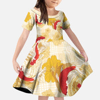 Beige Palaka Hawaii Aloha Family Matching Short Sleeve Bodycon Dress and Hawaiian Shirt Koi Pond Mix Ilima Flowers LT7 Daughter's Dress Cream Yellow - Polynesian Pride