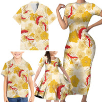 Beige Palaka Hawaii Aloha Family Matching Short Sleeve Bodycon Dress and Hawaiian Shirt Koi Pond Mix Ilima Flowers LT7 - Polynesian Pride