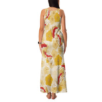 Beige Palaka Hawaii Aloha Family Matching Tank Maxi Dress and Hawaiian Shirt Koi Pond Mix Ilima Flowers - Polynesian Pride