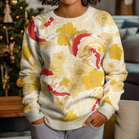 Beige Palaka Hawaii Aloha Kid Ugly Christmas Sweater Koi Pond Mix Ilima Flowers - Polynesian Pride