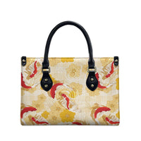 Beige Palaka Hawaii Aloha Leather Bag Koi Pond Mix Ilima Flowers - Polynesian Pride