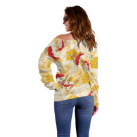 Beige Palaka Hawaii Aloha Off Shoulder Sweater Koi Pond Mix Ilima Flowers - Polynesian Pride