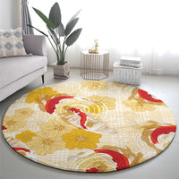 Beige Palaka Hawaii Aloha Round Carpet Koi Pond Mix Ilima Flowers - Polynesian Pride